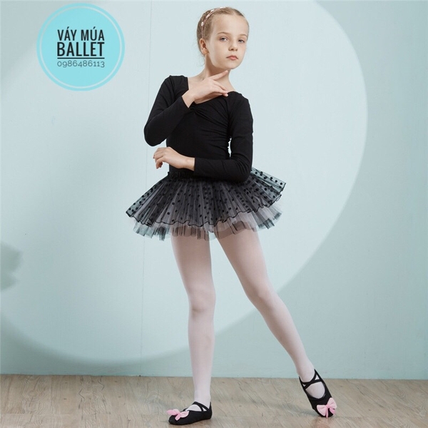 Váy múa basic chân váy chấm bi dài tay (đen, hồng, tím)