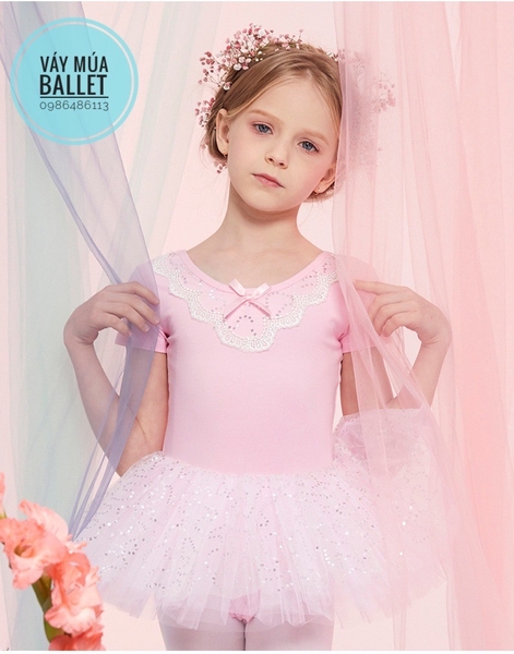 Váy múa phối ren ngực sao tay ngắn (tím, xanh, hồng)