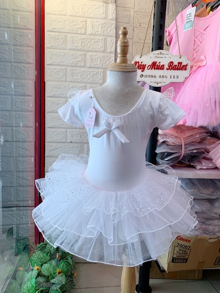 Váy múa tiên tay ngắn von lấp lánh trắng