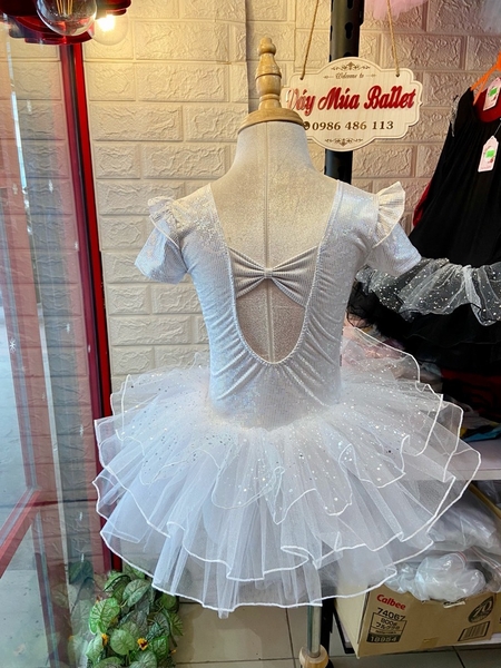 Váy múa tay tiên ngắn thun lấp lánh trắng