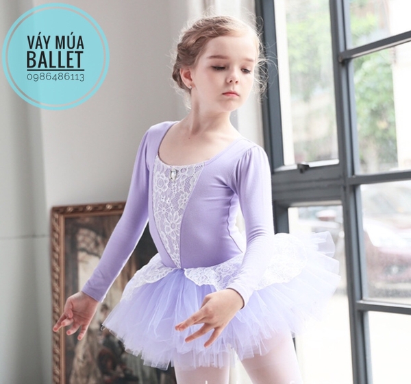 Váy múa ren chéo bèo dài tay màu hồng, xanh, tím, nâu