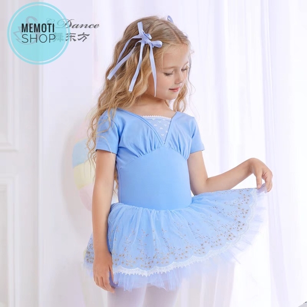 Váy múa đáp ngực phối chân ren tay ngắn (tím, xanh, hồng)