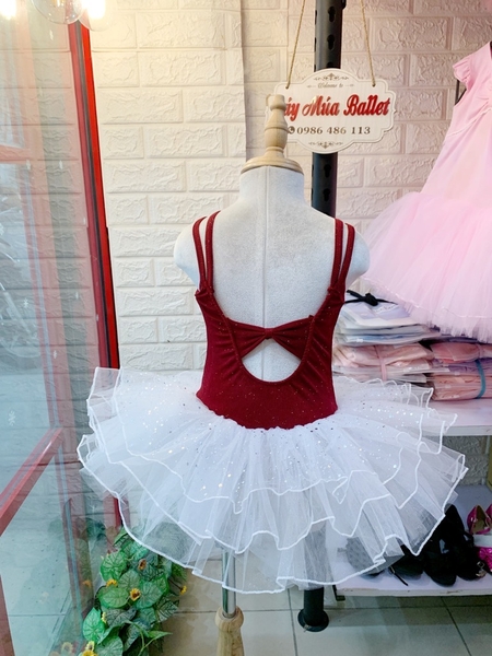 Váy múa dây thun đỏ đô nhũ trắng