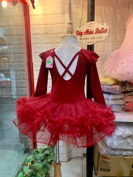 Váy múa thun nhũ tiên tutu đỏ đô dài tay
