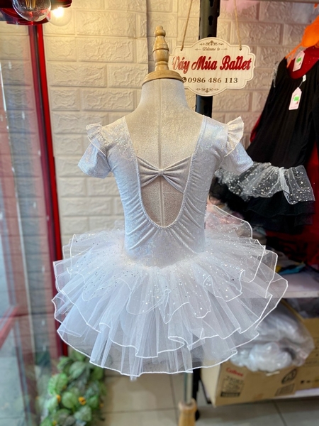 Váy múa tay tiên ngắn thun lấp lánh trắng