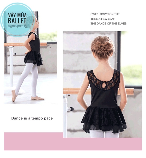 Váy tập múa ba lỗ phối ren 2 tầng (hồng, đen)