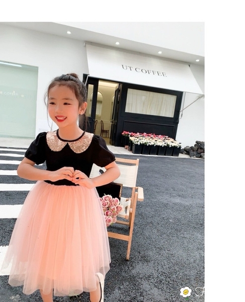 Váy công chúa cotton phối cổ sen lấp lánh s130