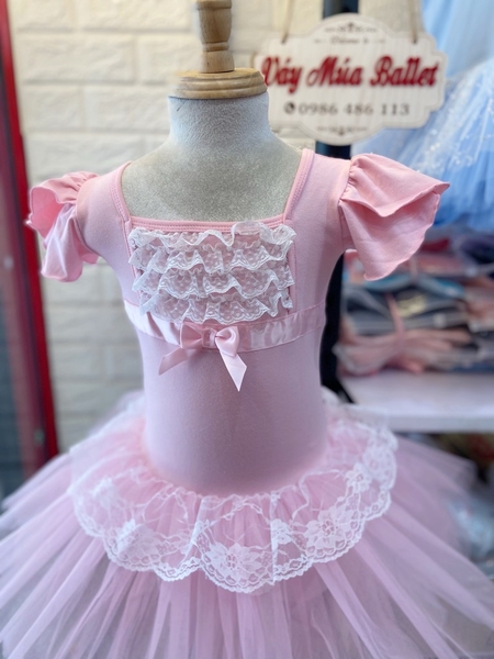 Váy múa phối ren ngực bèo tay búp (hồng, xanh, vàng)