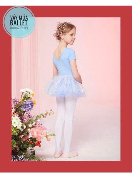 Váy múa phối ren ngực sao tay ngắn (tím, xanh, hồng)