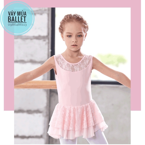 Váy tập múa ba lỗ phối ren 2 tầng (hồng, đen)