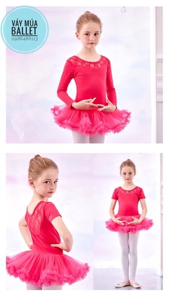 Váy múa phối ren tutu dài (hồng đỏ, hồng cam)