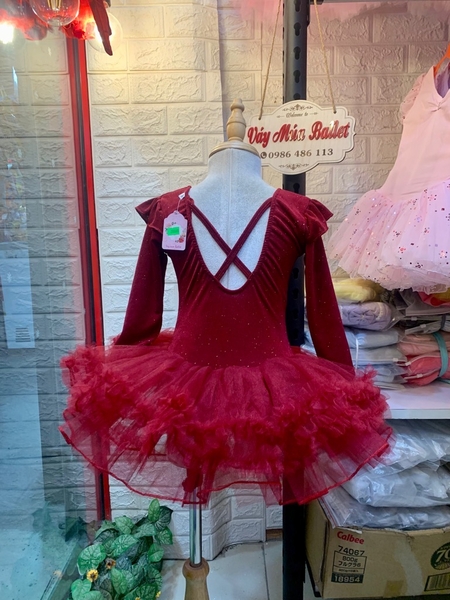 Váy múa thun nhũ tiên tutu đỏ đô dài tay