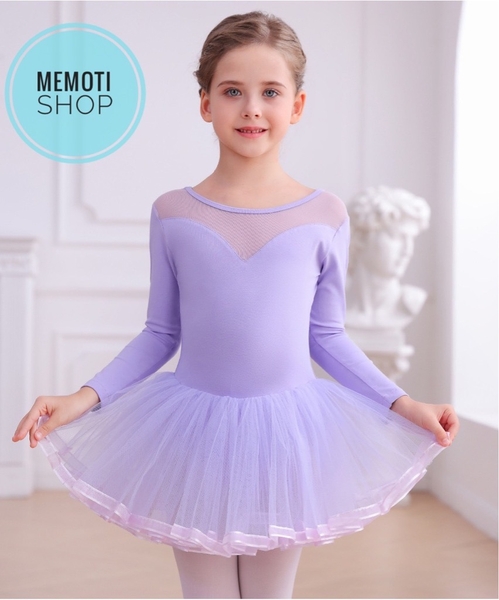 Váy múa V lưng viền dài tay (hồng, tím, xanh)