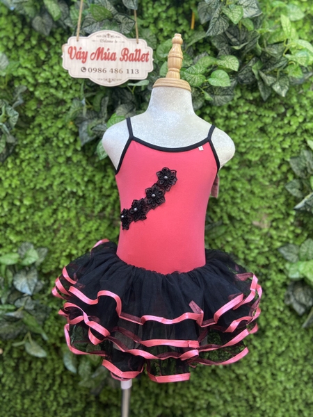 Váy múa 2 dây hồng phối đen hoa ren