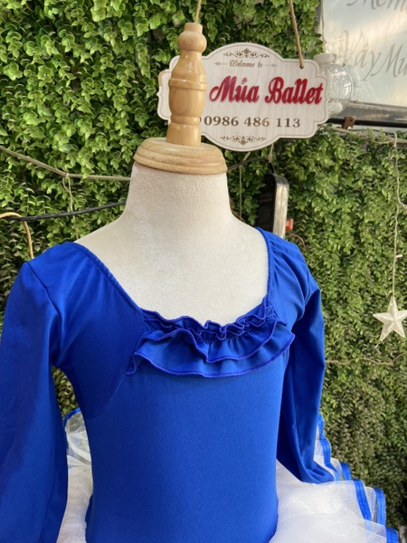 Váy múa xanh coban bèo ngực dài tay