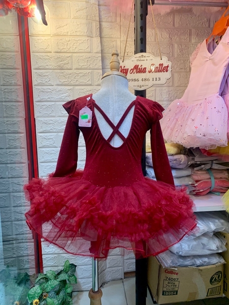 Váy múa thun nhũ tiên tutu đỏ đô dài tay