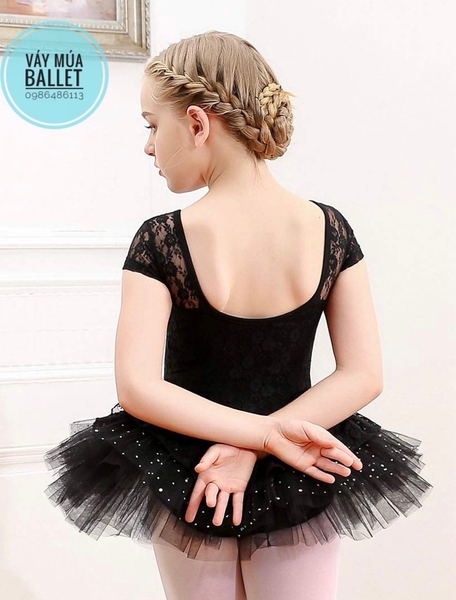 Váy múa phối ren bèo sao tay ngắn (hồng, tím, đen)