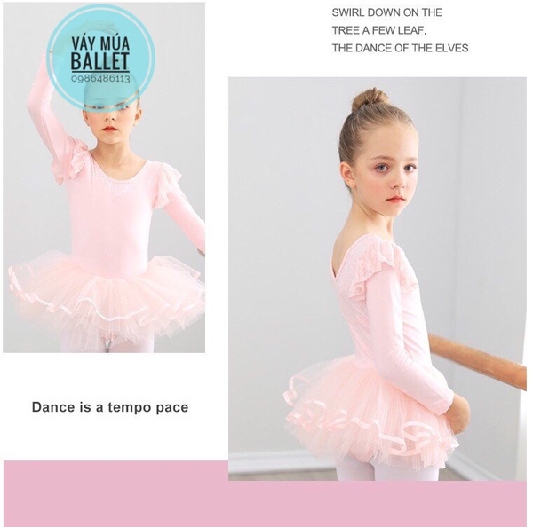 Váy múa phối ren tiên dài tay (xanh, hồng, tím)