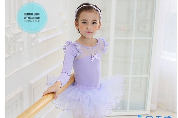 Set váy múa ren nơ dài tay (tím, hồng)