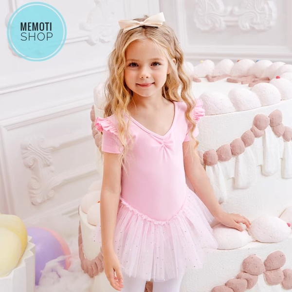 Váy múa bèo vai eo sao tay ngắn (tím, hồng)