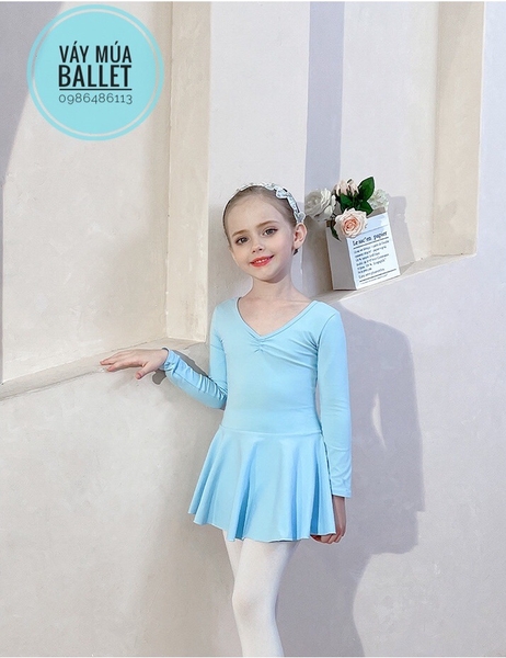 Váy tập múa cotton nơ lưng dài tay hồng