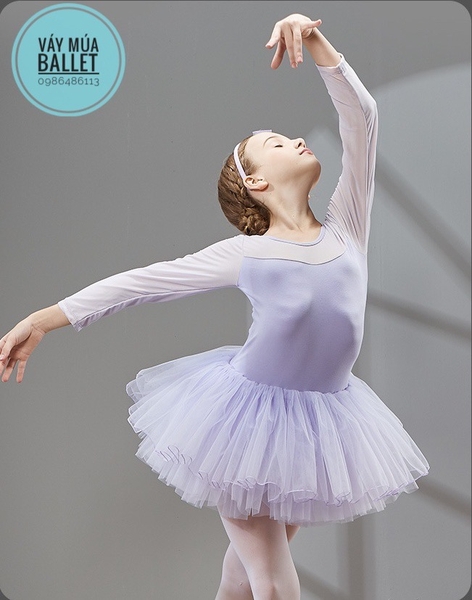 Váy múa phối voan dài tay (hồng, xanh, tím)