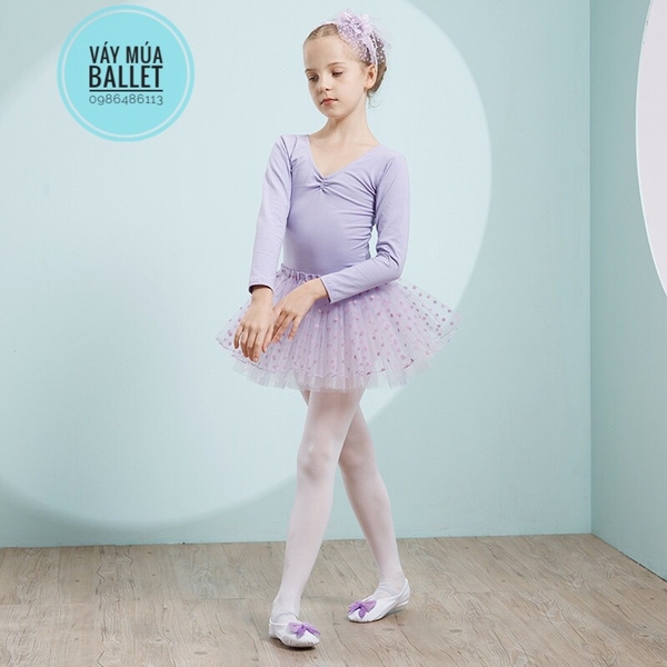 Váy múa basic chân váy chấm bi dài tay (đen, hồng, tím)