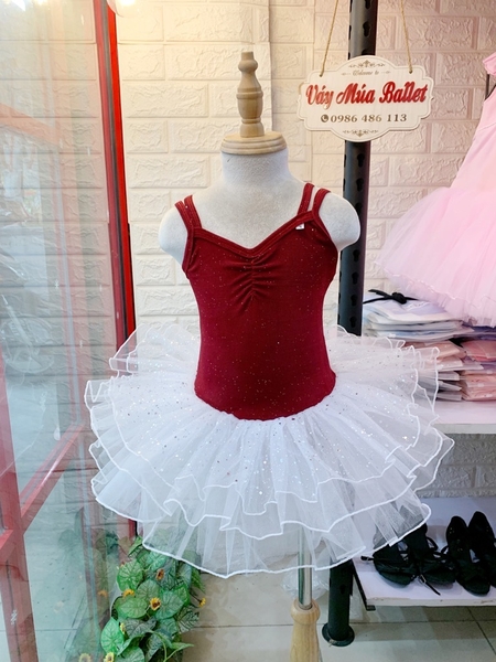 Váy múa dây thun đỏ đô nhũ trắng