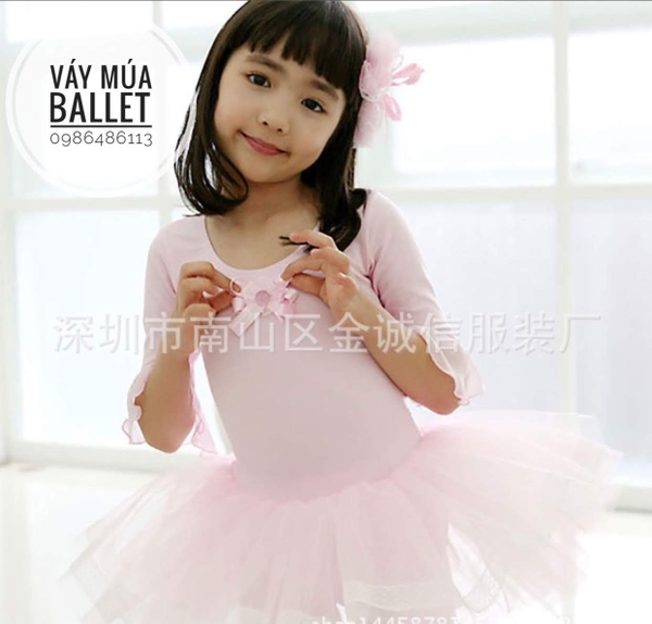 Váy múa tay loe lỡ màu hồng