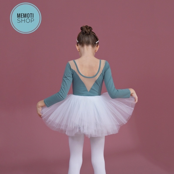 Set áo váy múa V lưng dài tay trắng