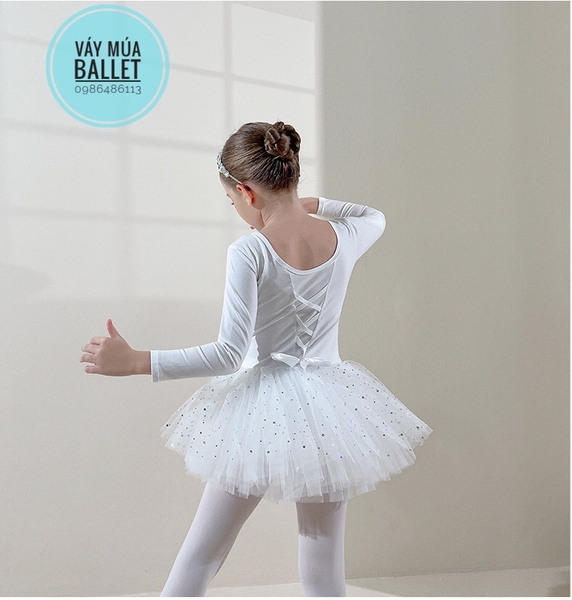 Váy múa đan lưng sao dài trắng