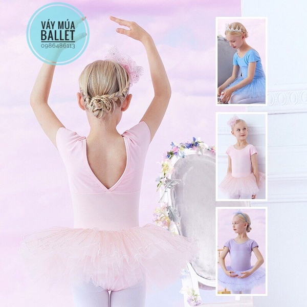 Váy múa lưng V chân bi tay ngắn (hồng, tím, xanh)