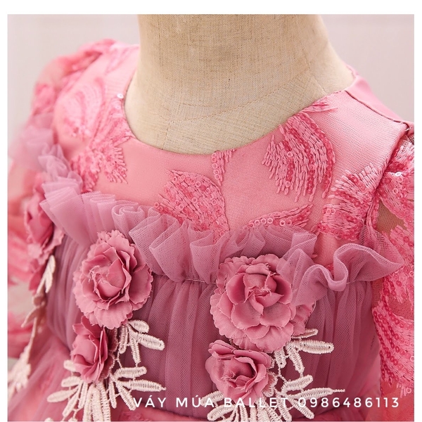 Váy công chúa hoa ngực 3D tay loe lỡ màu hồng, cam, tím