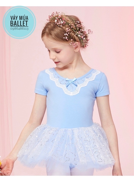 Váy múa phối ren ngực sao tay ngắn (tím, xanh, hồng)