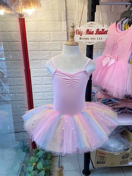 Váy múa 2 dây nơ lưng cầu vồng (vàng, hồng)