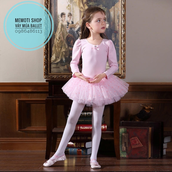 Váy múa nơ sao hồng dài tay