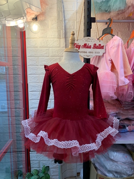 Váy múa thun nhũ tiên dài viền đỏ đô