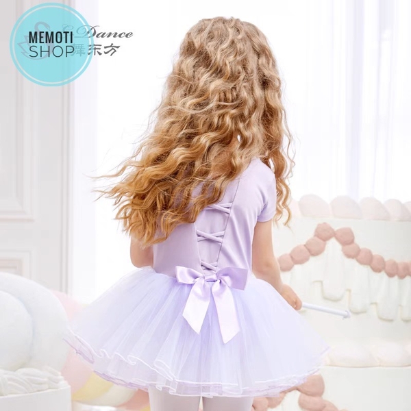 Váy múa đan lưng nơ tay ngắn (tím, xanh)