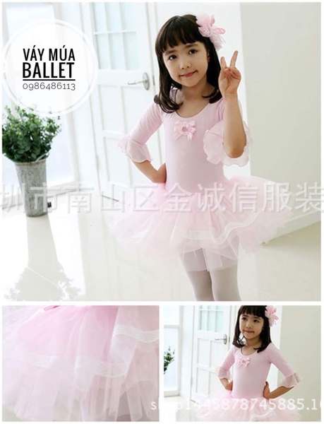 Váy múa tay loe lỡ màu hồng