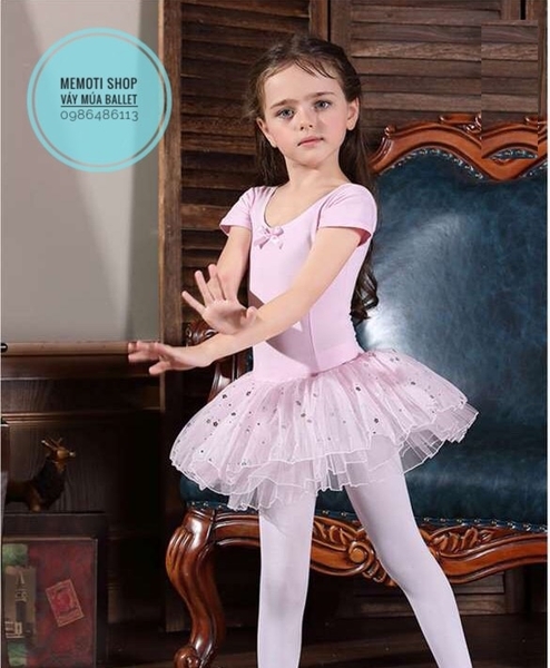 Váy múa nơ sao hoa lấp lánh tay ngắn