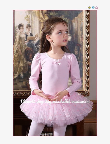 Váy múa nơ sao hồng dài tay