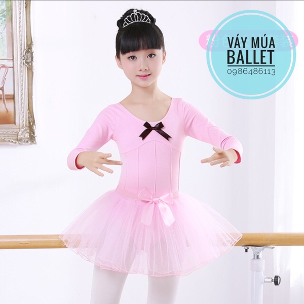 Set áo váy múa gân nơ đen dài tay