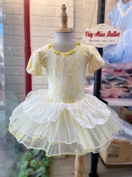 Váy múa phối ren hoa bèo tay bồng (vàng, xanh, hồng)