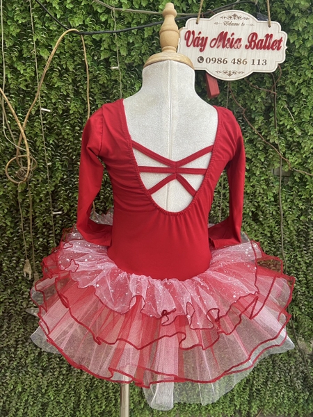 Váy múa đan lưng lấp lánh đỏ đô dài tay