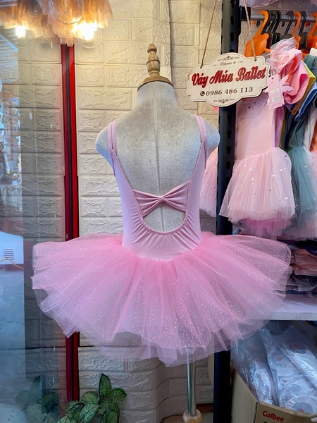 Váy múa dây nơ đáp ngực hồng lấp lánh