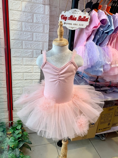 Váy múa cotton đá dây voan hoa bồng