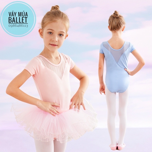 Set áo váy múa V lưng tay ngắn (tím, hồng, xanh)