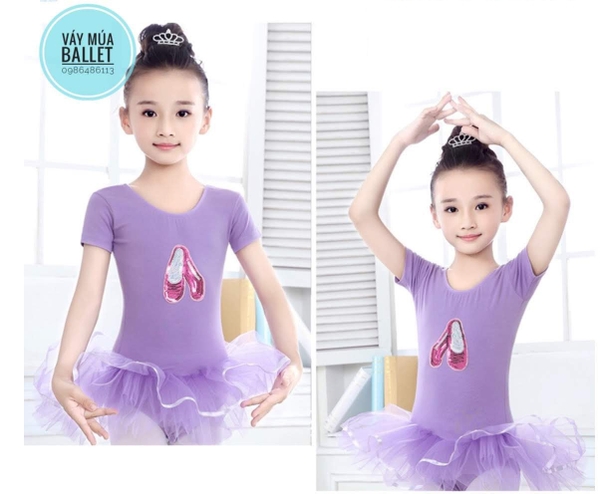Váy múa kimsa giày tay ngắn màu hồng, tím