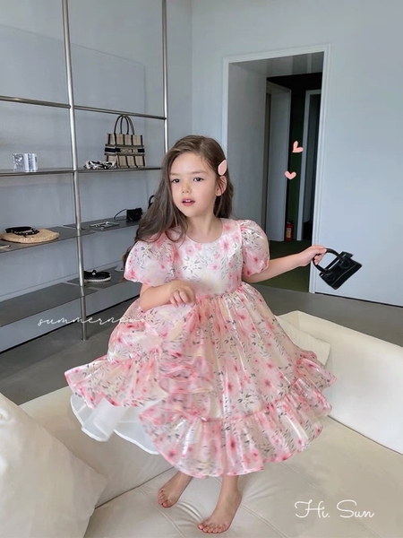 Váy tơ hoa tay bồng xoè tiểu thư s120