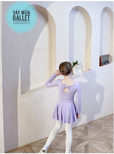 Váy tập múa cotton nơ lưng dài tay hồng